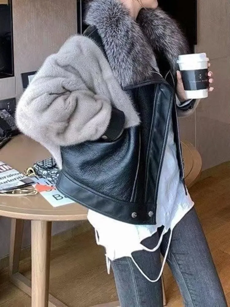 UCXQ Fashion Faux Fur Coat European Style Contrasting Color Splicing PU Loose All Match Tide Women\'s Jacket 2024 Autumn Winter
