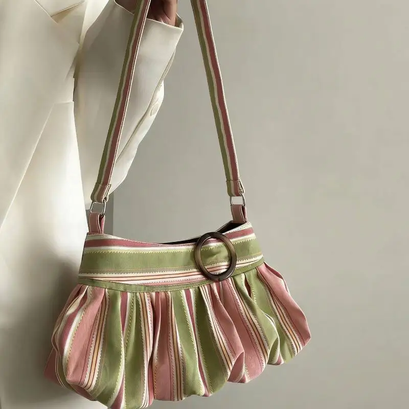 Striped Canvas Pleated Shoulder Bag Wood Ring Decor Soft Fabric For Daily Outings Shopping Dating