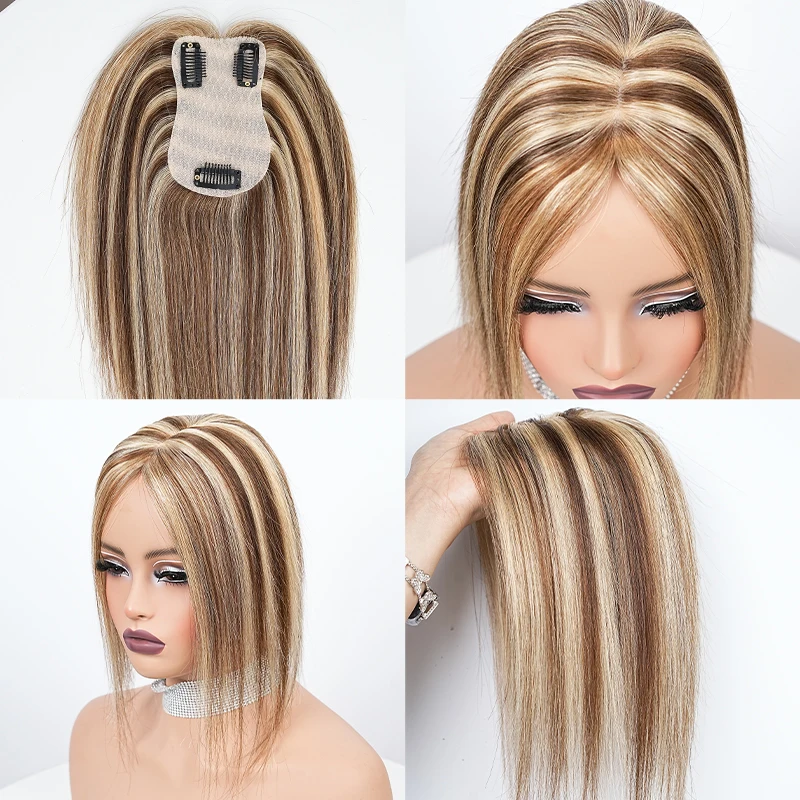 Toppers de cabelo 100% humano, 8-14 polegadas, clipe em postiços, 7x11cm, rede de cabelo de simulação para mulheres com acessórios de cabelo de desbaste