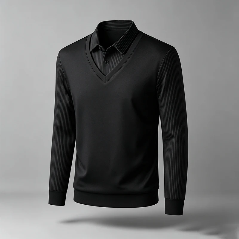 Herren-Business-Pullover mit Fake-Zweiteiler-Design, Hemdkragen, V-Ausschnitt, gerippt, lange Ärmel, ideal für Reisen, Einkaufen und den urbanen Alltag. – Detail 11