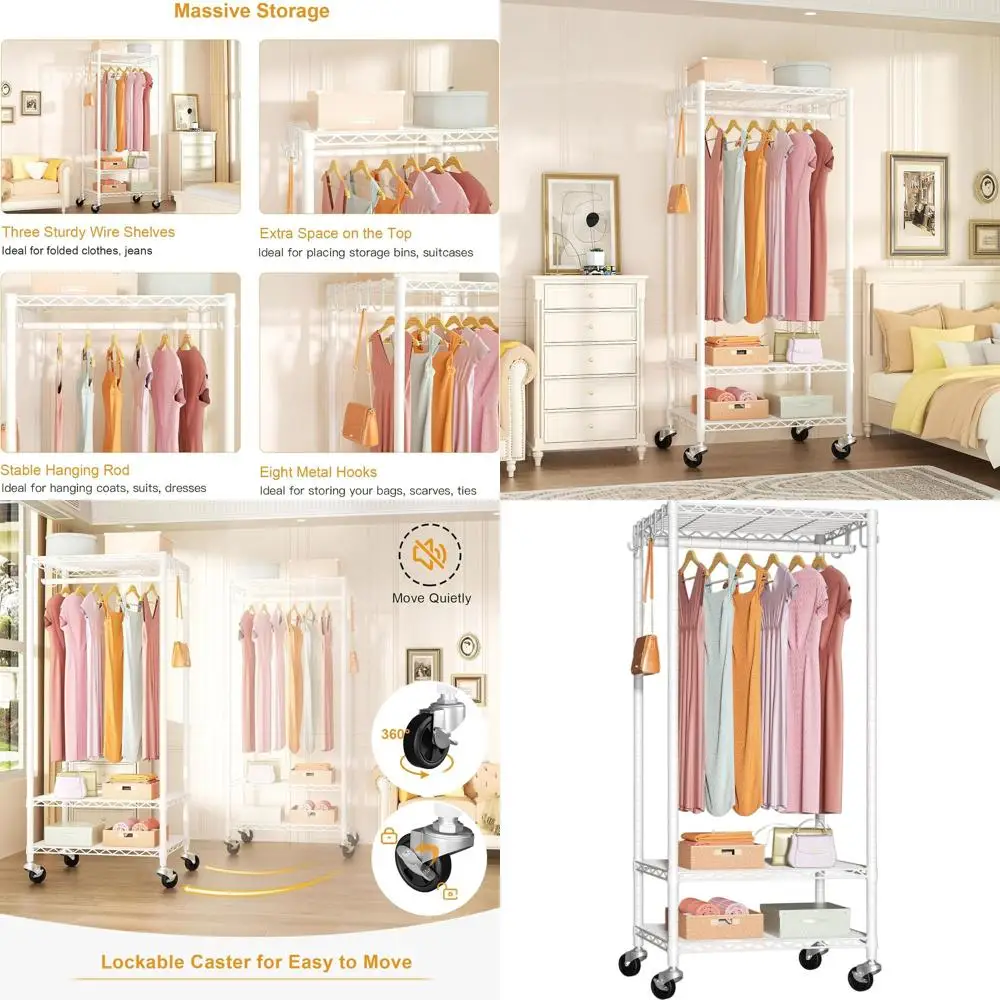 

Portable Heavy-Duty 360lbs Load Rolling Clothes Rack, White, 23.6W x 14D x 74.6H