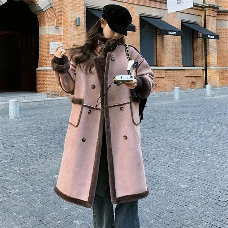 

Leather Fur Integrated Lamb Fur Coat Lady 2024New Autumn Winter Thick Add Insulation Fashion Standing Collar Medium Length Coats