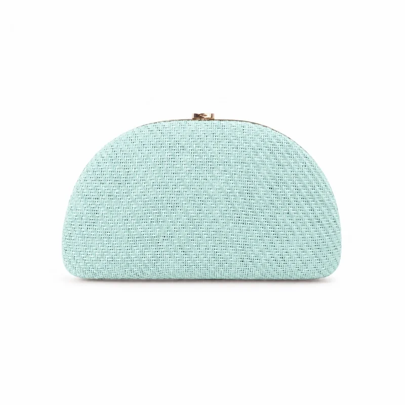 Bolso de mano tipo clutch para mujer, color verde menta, ideal para el verano, con diseño de media luna y textura de paja, perfecto para eventos nocturnos, con estructura metálica y cierre de broche, ideal para bodas, fiestas y cenas.