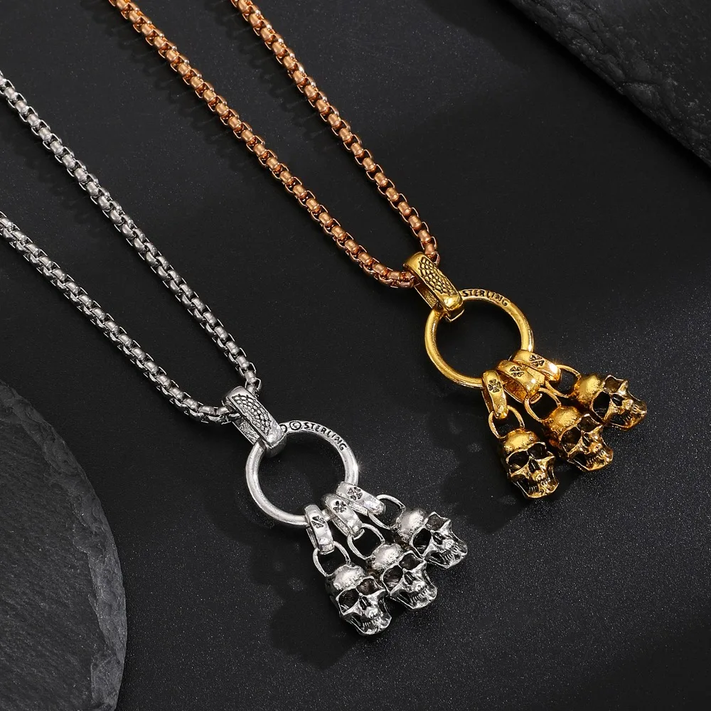 Punk Personality Sliver Color Stereo Three Skull Pendant Box Chain Necklace for Women Men Halloween Fashion Collar Chain Jewelry