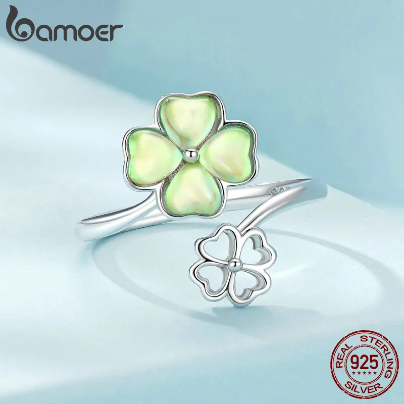 BAMOER White Gold Plated Lucky Four-Leaf Clover Ring, 925 Sterling Silver Vintage Adjustable Rings for Women Girls SCR1019-E