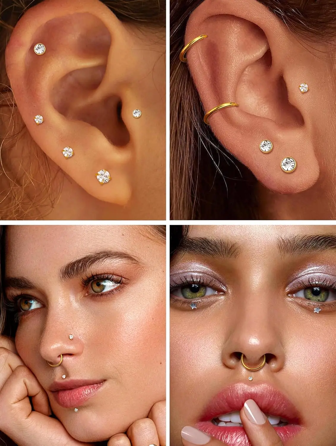 11 قطعة 14K الذهب معبأ شقة الظهر الأنف ترصيع للنساء الرجال تشيكوسلوفاكيا الأنف خواتم الأطواق اللولب مسمار الشفاه الحاجز الدائري هيئة ثقب المجوهرات #5
