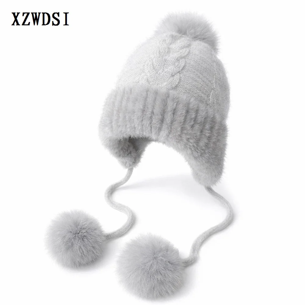 Soft Gorgeous Genuine Mink Fur Wool Blender Women Winter Knitted Earflap Hat with Pompoms