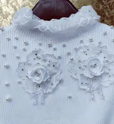 Luxury Style Beaded Diamonds Flowers Stitch Sweater For Women 2024 Spring Lace Neck White Knitwear Bottomming Pullovers