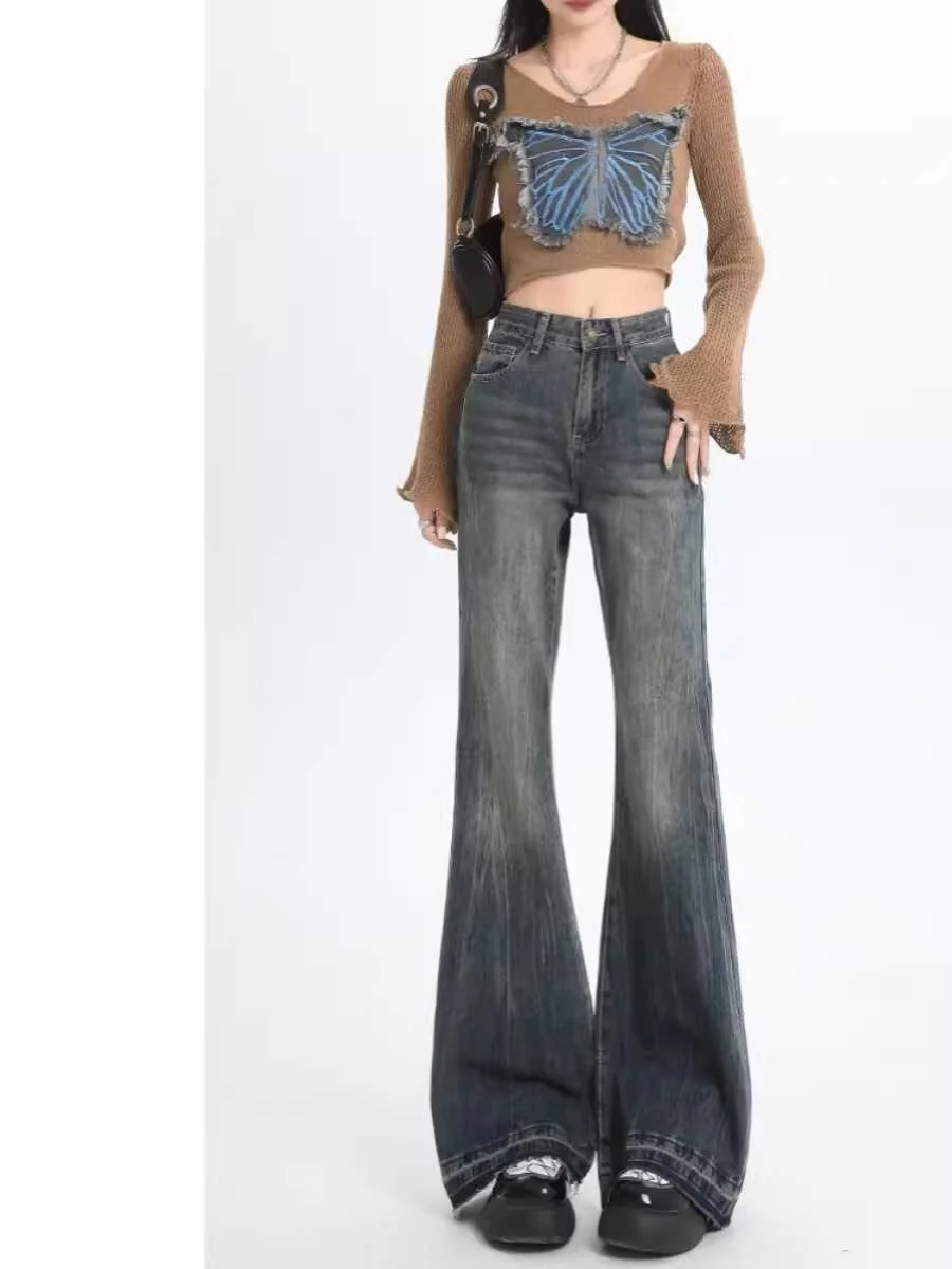 

American Retro High Waist Bell Bottom Jeans Women's Spring Autumn plus Size Slimming Design Floor Length Hoof Pants