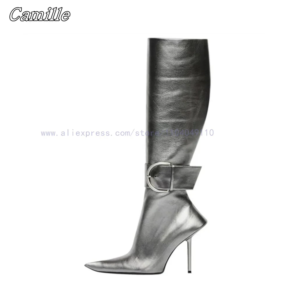 Botas hasta la rodilla de cuero genuino con decoración de Metal para mujer, botas casuales que combinan con todo, Punta puntiaguda, Sexy, estilo pasarela, Otoño, nuevo