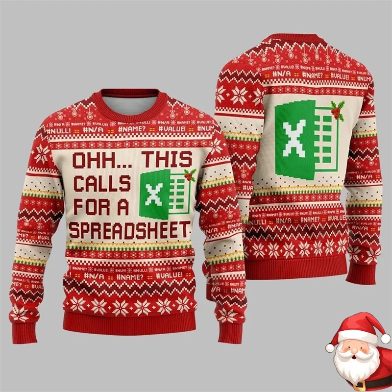 Funny Work Spreadsheet 3D Print Long Sleeve Tee Family Matching Christmas Holiday Top Adults Kids Xmas Party Casual Shirt Outfit