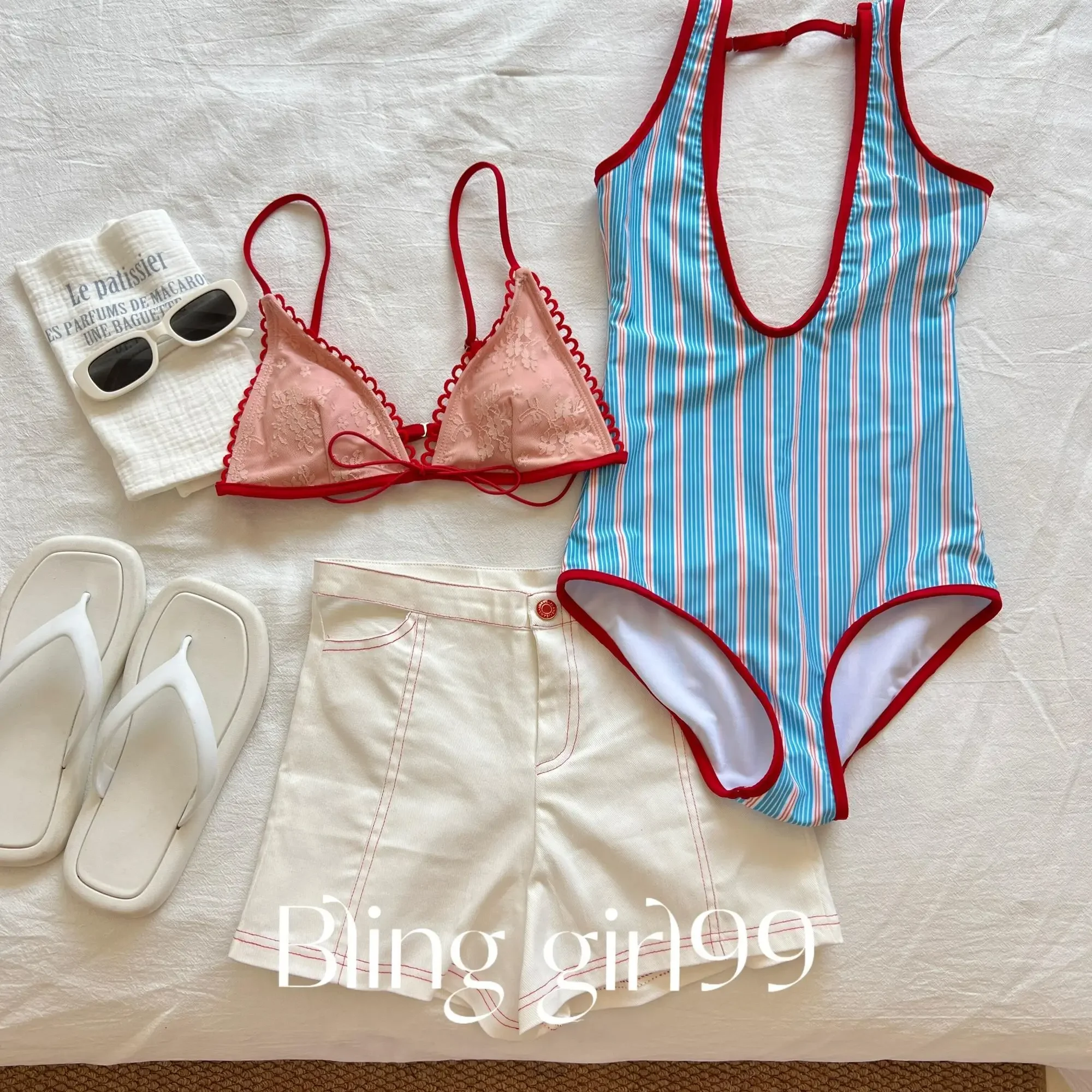 New bow striped one-piece swimsuit for women with high-end feel, blue striped bikini