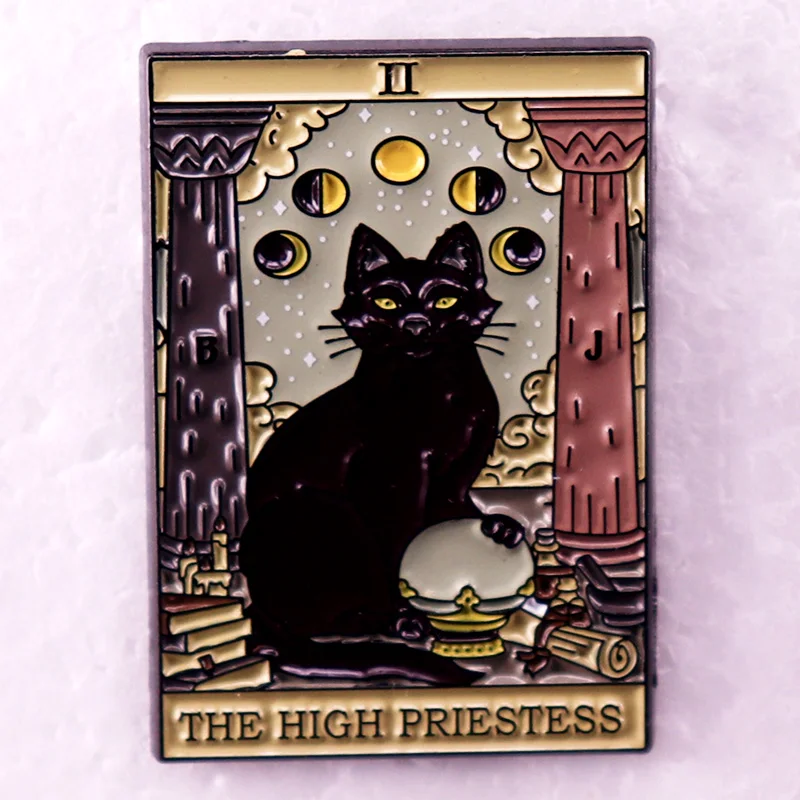 The High Priestess Black Cat Tarot Badge Enamel Pin Goth Dark Art Brooch Gifts Jewelry