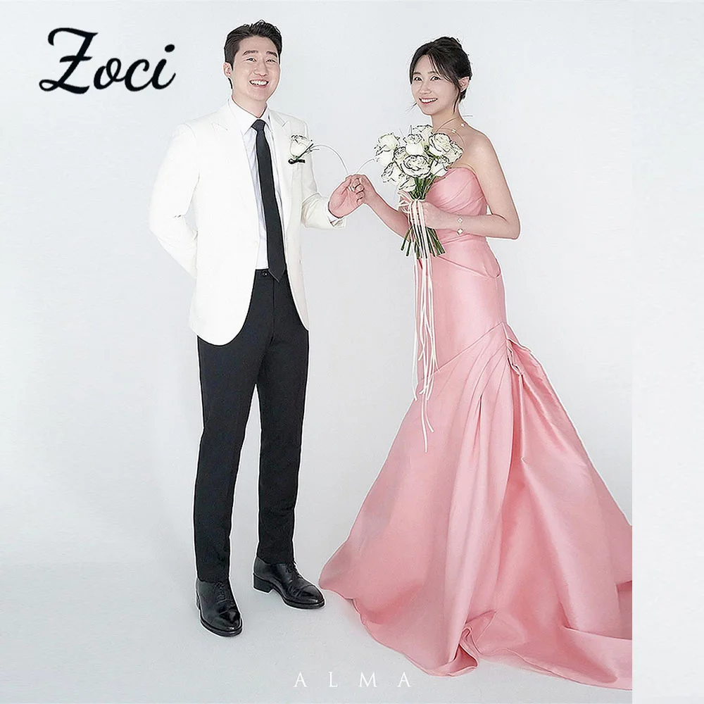 

Zoci Korea Evening Dresses Elegant Pink Satin Wedding Reception Dresses Custom Made Court Train Sleeveless Bridal Gown