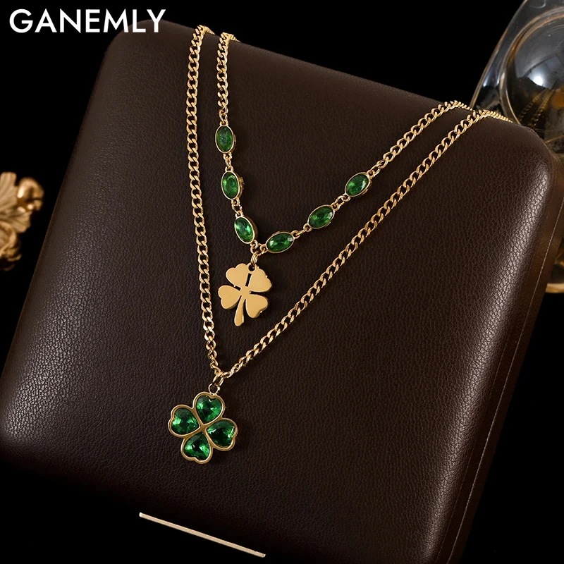 GANEMLY 316L Edelstahl Kleeblatt Grün Kristall Anhänger Halskette Für Frauen Trendy Luxus 2-schicht Hals Kette Schmuck geschenk