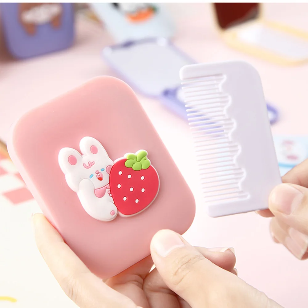 Makeup Mirror Small Comb 2-In-1 Folding Cute Cartoon Plastic Mirror For Female Students Easy To Carry Around With Hair Comb