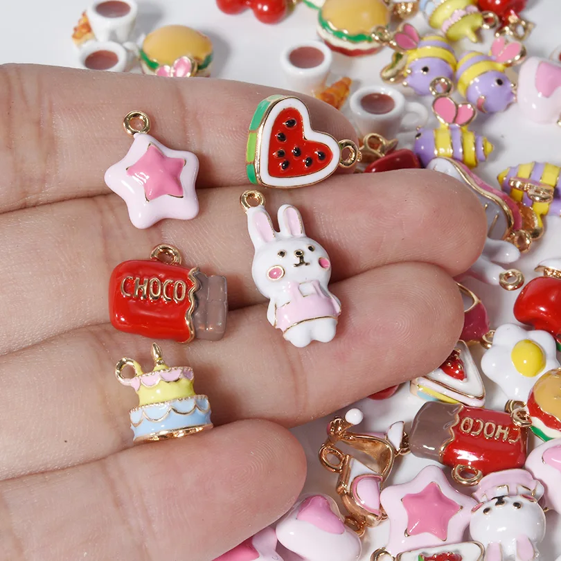 10pcs Cute Cartoon Rabbit Dessert Interest Fruit Sense Of Design Pendant Alloy Dripping Oil Cherry Cake Apple Charms Diy Jewelry