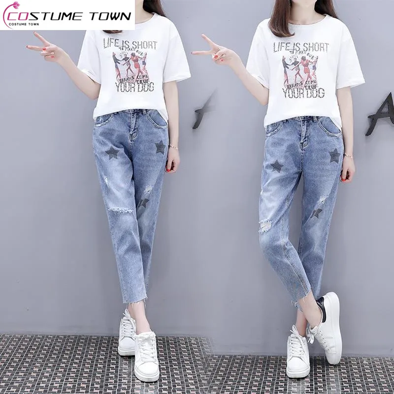 

2023 Spring/Summer Korean New Letter Printing T-shirt Top+Perforated 9-point Jeans Fashion Two Piece Set for Women