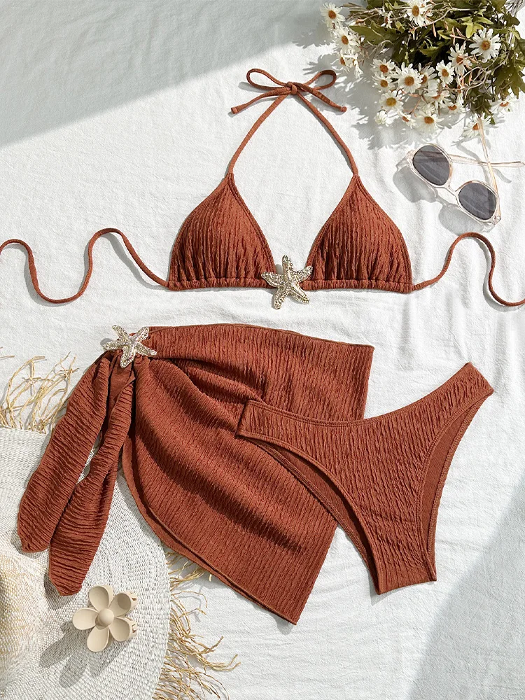 

Модный комплект бикини Vzvn с завязками, раздельный купальник для пляжного отдыха, новинка 2026 года, всесезонный, без спинки, сетчатый, из 3 предметов