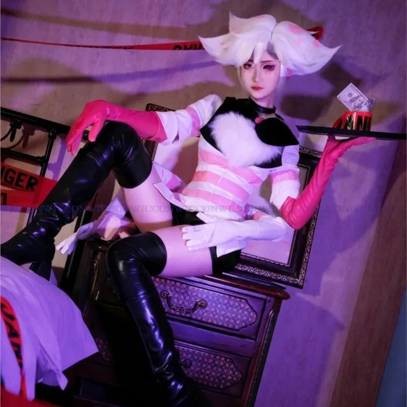 Disfraz de Hotel de Anime Hazbin, ropa, uniforme, Cosplay, polvo de Ángel, vestido Sexy, rayas rojas y blancas, fiesta de Halloween para mujer