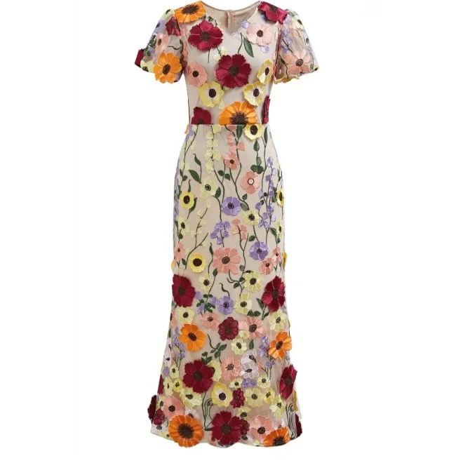 Exquisite V-Ne Floral Embroidery Dr with Lantern Sves And Belt High Waist ort Sve Women's Summer Dr