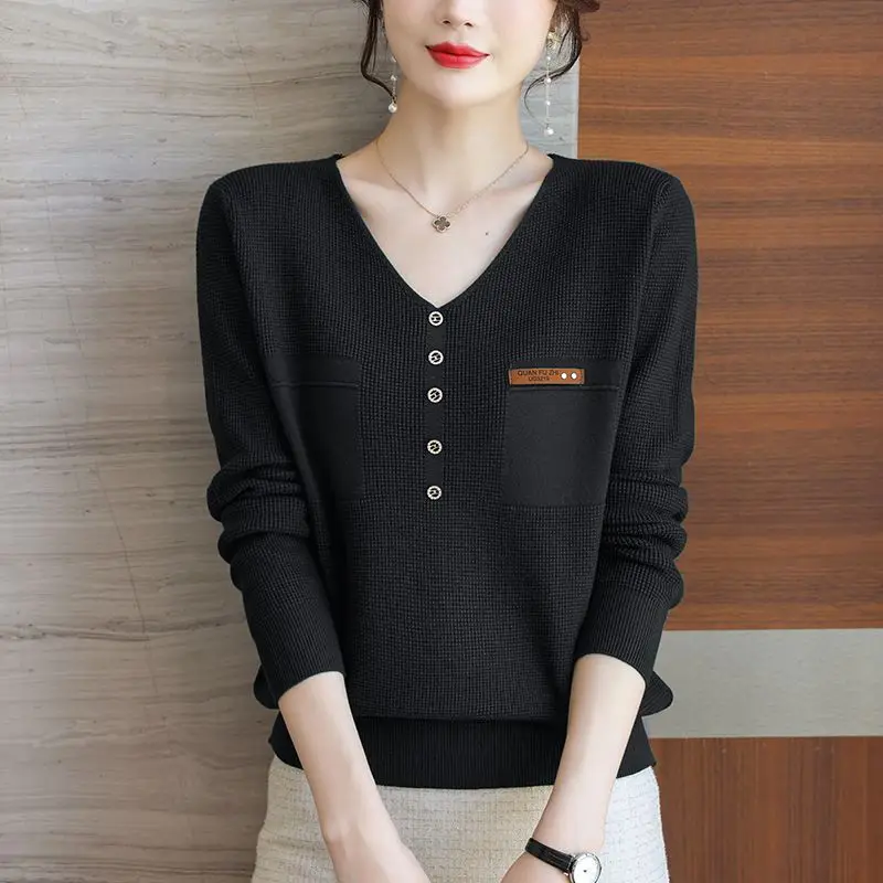 Autumn New Button Patchwork Knitting Pullovers V Neck Long Sleeve Solid Color Thin Sweaters Elegant Fashion Women Clothing S-2XL