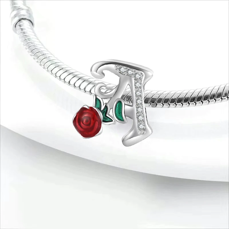 2024 nuevo 925 Plata 26 letras A-Z Rosa roja cuentas finas compatibles con dijes originales pulsera de plata 925 joyería DIY de moda para mujeres