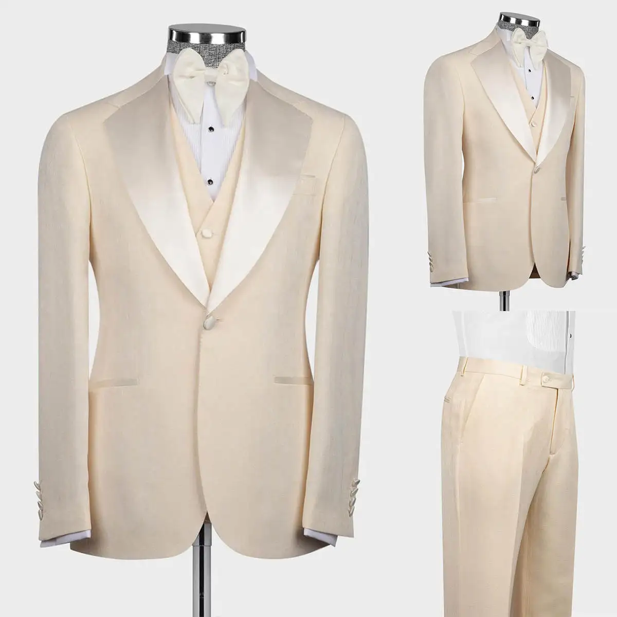 

Champagne Mens Wedding Tuxedos Notched Lapel One Button Jacket Pants Suits With Bow 3 Pieces