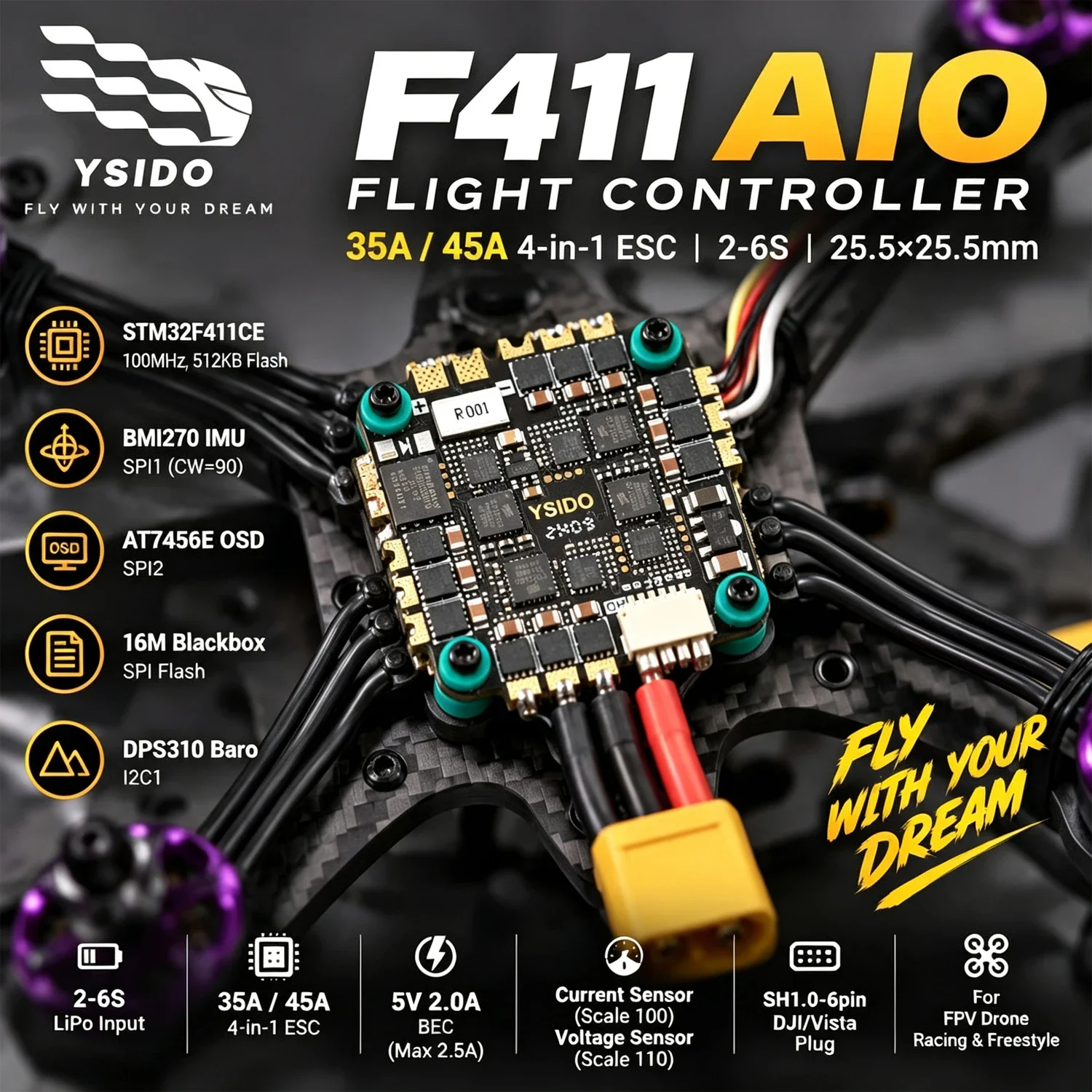 YSIDO F411 AIO Flight Controller 35A/45A 4-in-1 ESC Betaflight 2-6S 25.5*25.5mm for RC FPV Drone Racing Freestyle Upgrade Part