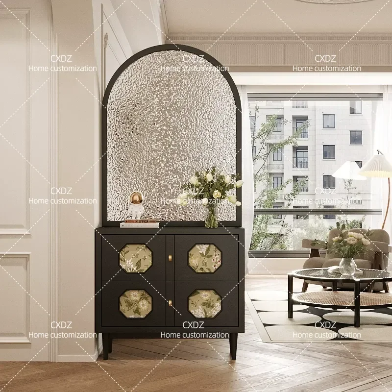 Retro Solid Wood Water Pattern Glass Entry Door Screen Partition Living Room Shoe Cabinet Entrance Cabinet Home