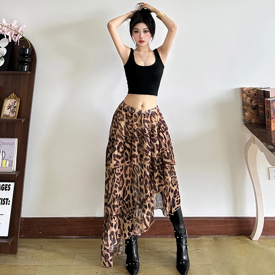 กระโปรงยาวลายเสือดาวทรงเอวสูง ดีไซน์จับจีบเป็นชั้นๆ สไตล์สาวฮอต แฟชั่นสตรีท ลุคเท่ๆ คลาสสิก