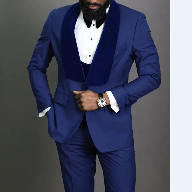 

Royal Blue Groom Tuxedos for Wedding with Velvet Shawl Lapel Slim Fit Formal Men Suits 3 Pieces Jacket Vest Pant African Fashion