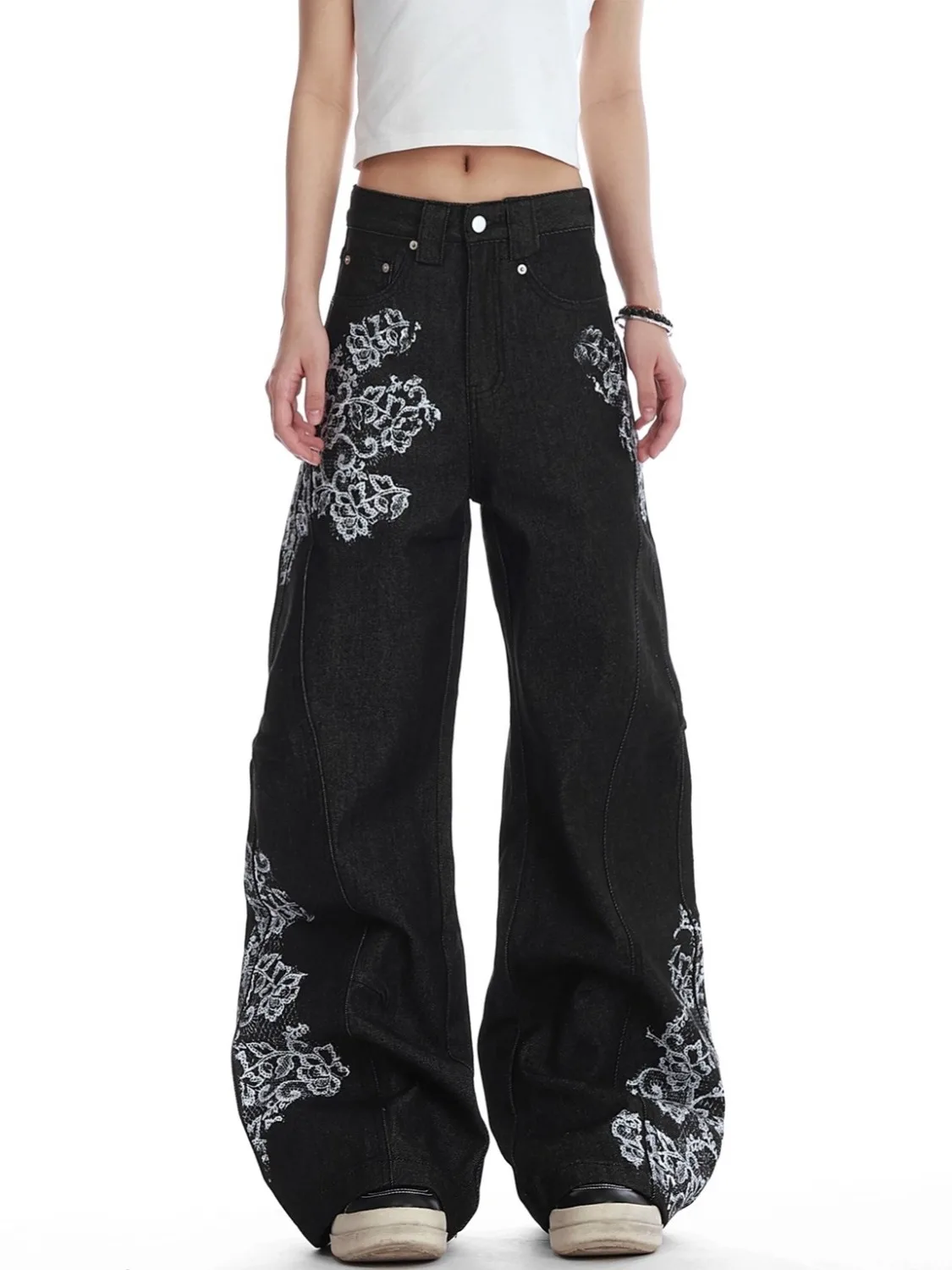 Calças Jeans Pretas com Estampa Retrô, Corte Solto, Estilo Casual, Perna Reta, Lavagem Vintage, Modernas, para Homens e Mulheres