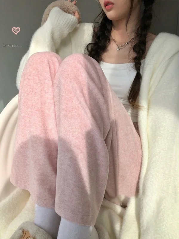 

Свободные прямые повседневные брюки с высокой талией и драпировкой, женские розовые брюки Milk ake клейкие рисовые брюки визуального удлинения, зимние мягкие