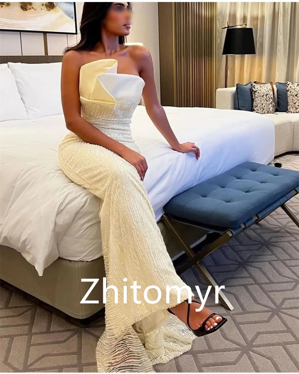 Customized Exquisite Elegant Strapless Sheath Formal Ocassion Gown Paillette / Sequins Fold Anke length Skirts Charmeuse Evening