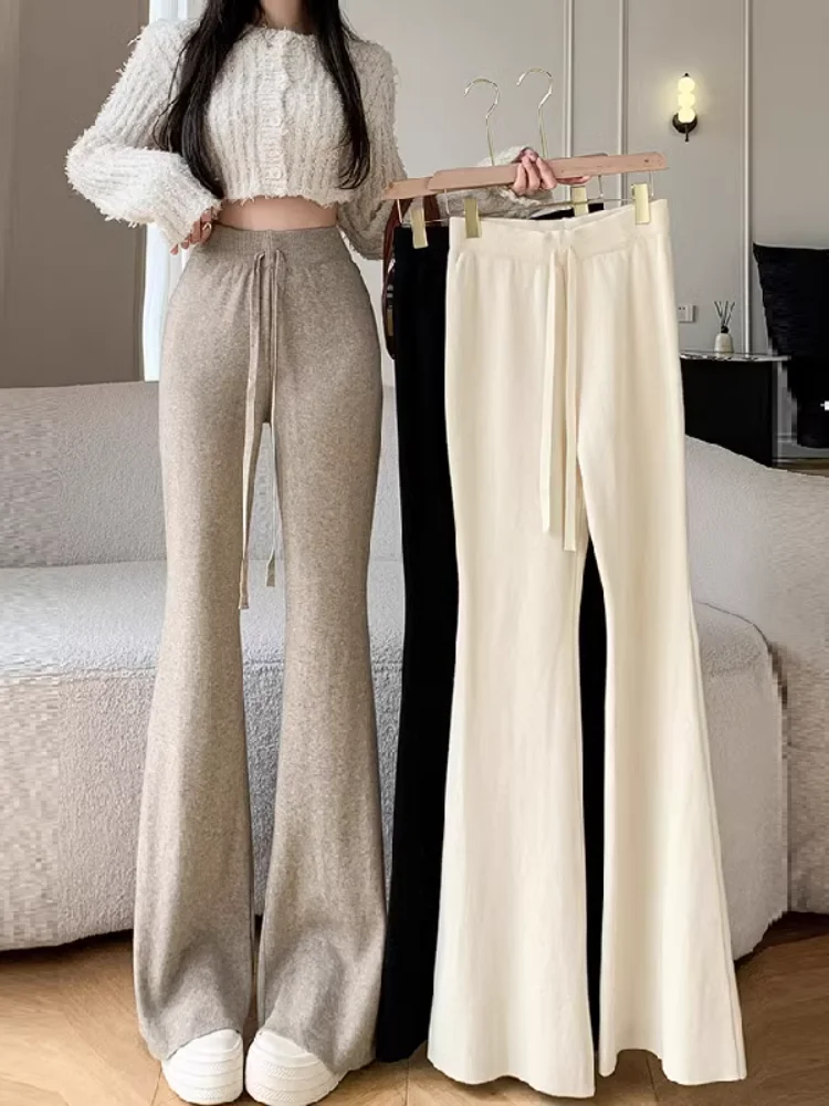 Knitted Slightly Flared Casual Pants Women's Autumn and Winter Thickened High Waist shoe Pants Soft Glutinous Angora Nar...