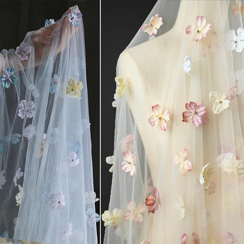 

50*135cm Exquisit Fantasy Flower Tulle Veil Fabric Background Decoration Wedding Dress Children's Clothing 3D Flower Mesh Fabric