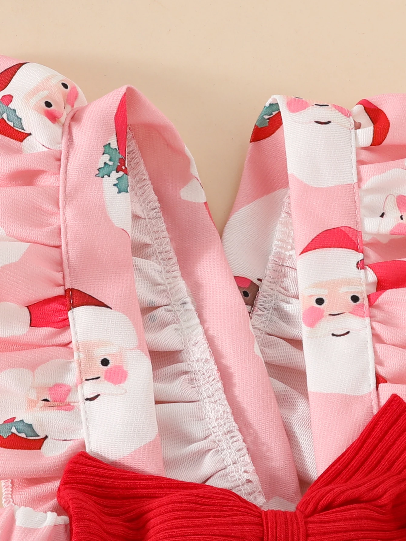 Baby Girl Fashionable Christmas Party Santa Claus Cute Cartoon All over Printed Red Bow Ruffled Cross Suspender Skirt + Toddler Triangle Crawling