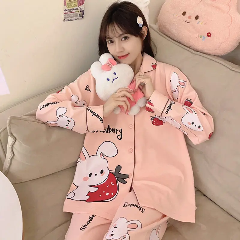 Pigiama da donna manica lunga primavera autunno Large Size 100.00kg indossabile Homewear Suit femminile dolce Cartoon Casual Sleepwear Set