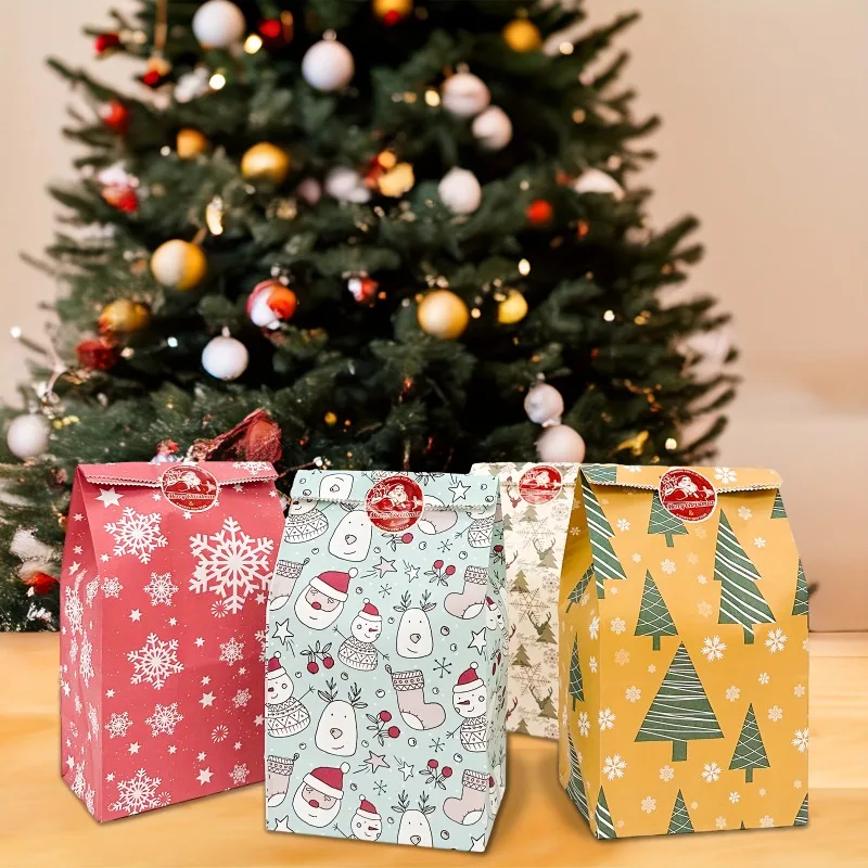 24 قطعة من أكياس هدايا ندفة الثلج والرنة مع ملصقات، أكياس هدايا ورقية للعطلات والعام الجديد للحفلات وحقيبة الطعام