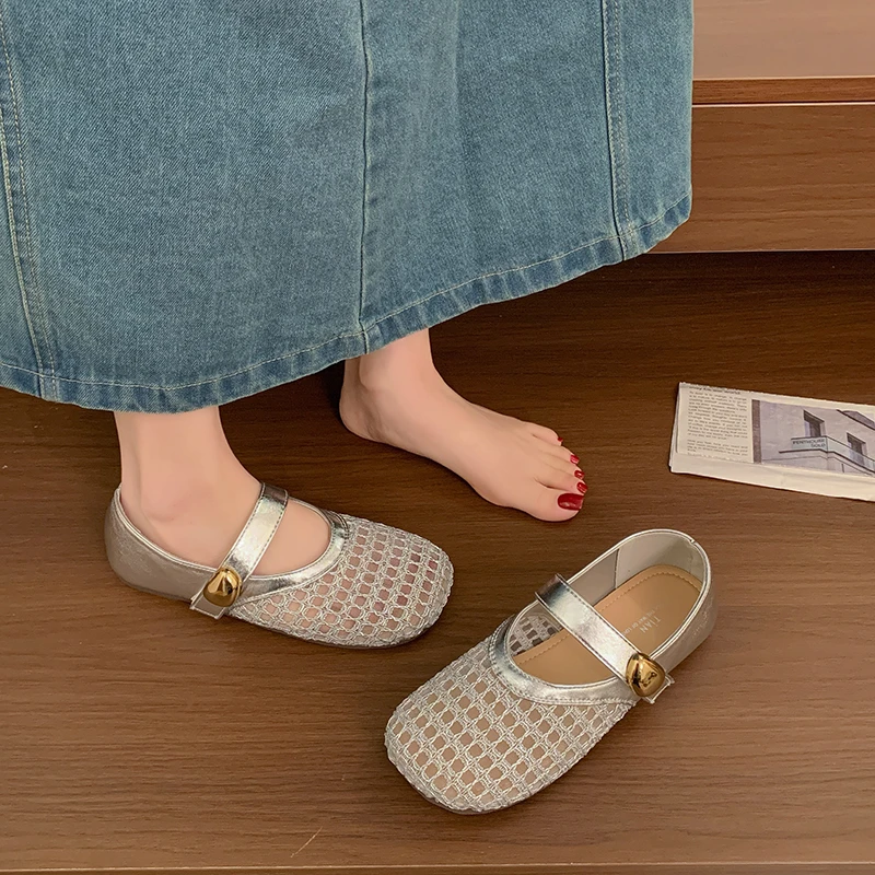 

Women's Gold Buckle Mesh Mary Jane Flats Square Toe Breathable Lightweight Casual Summer Daily Flat Shoes