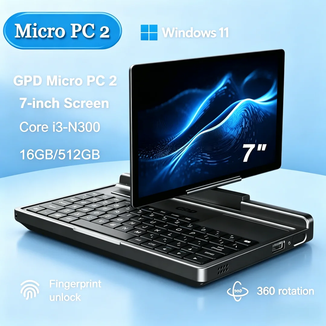 블레이즈 포스 GPD 마이크로 PC 2: 7인치 스무스 터치 스크린, 16GB 램, 512GB SSD, N300 CPU, 윈도우 11, 야생 손바닥 크기의 미니 노트북
