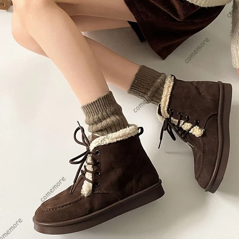 Comemore Fashion Brown Thick-soled Snow Boots Women's 2025 New Winter Padded Warm Cotton Shoe Casual Suede Lace Up Short Botines