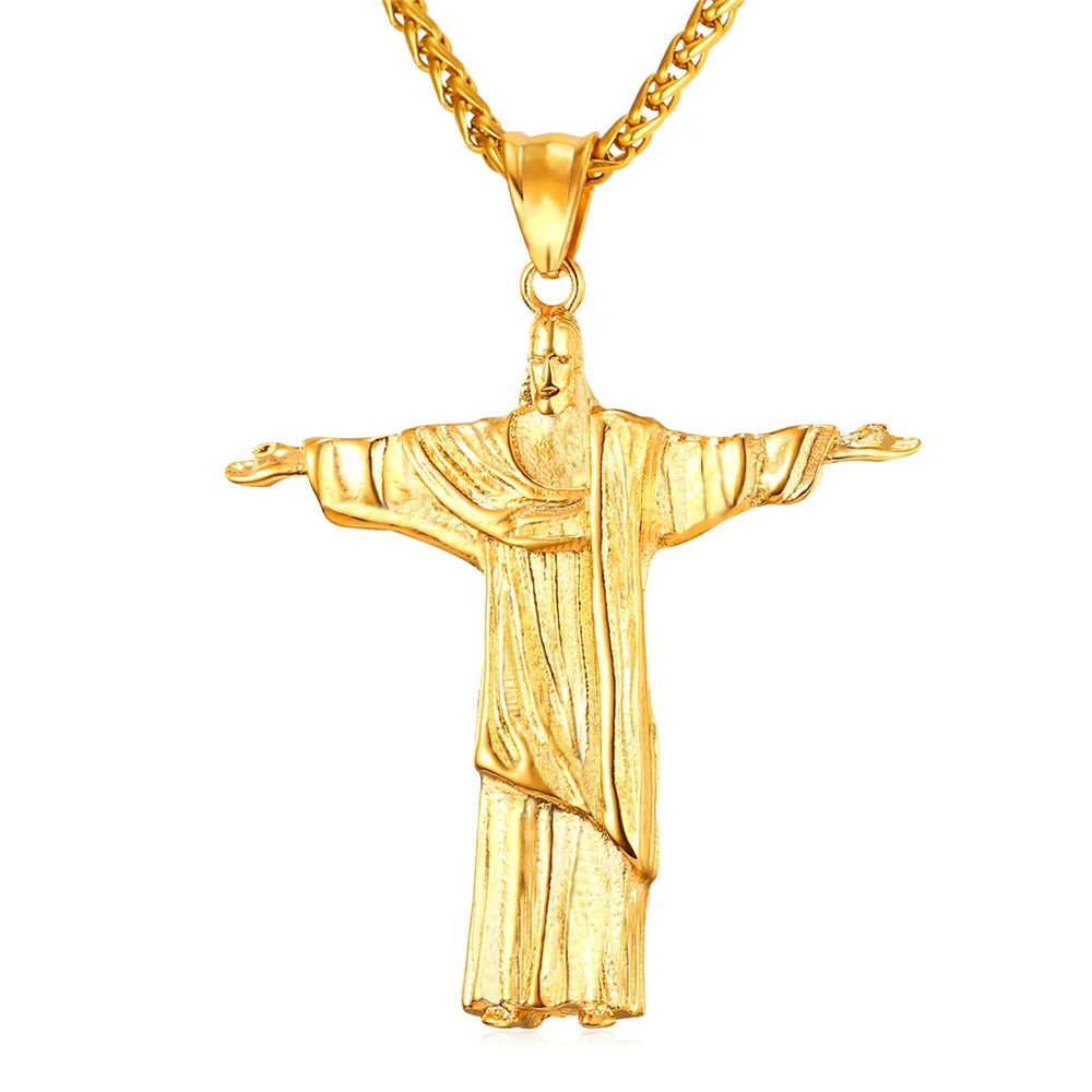 Collare Cristo Redentor Rio Pendant Gold/Black Color Jewelry Stainless Steel Necklace Women Men Christ The Redeemer Statue P297