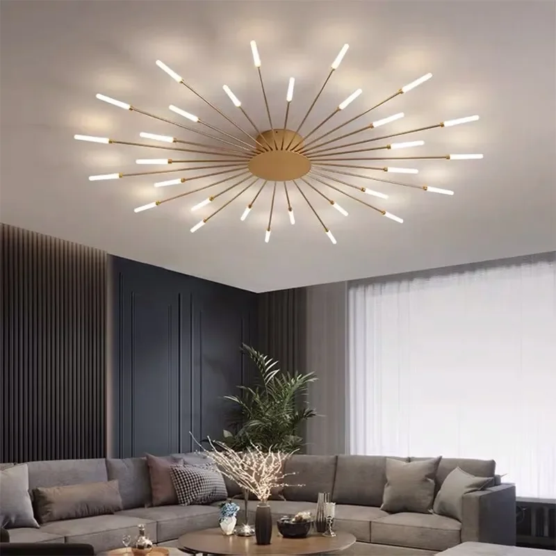 Moderna lâmpada de teto led fogos de artifício estrela cheia luz de teto dourada decoração da sala estar luminária led lustre sala jantar quarto