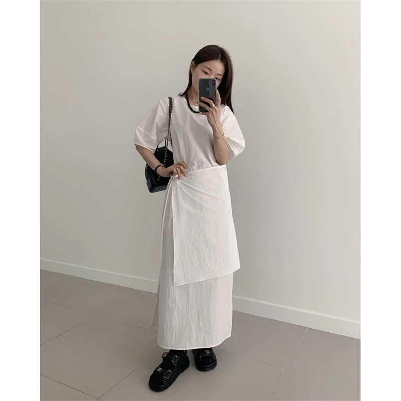 

Chic Vintage Round Ne Waist Cinched Apron Dr Women's Mid-Length A-Line Skirt Sle Polyester Fabric Ort Sve Dr
