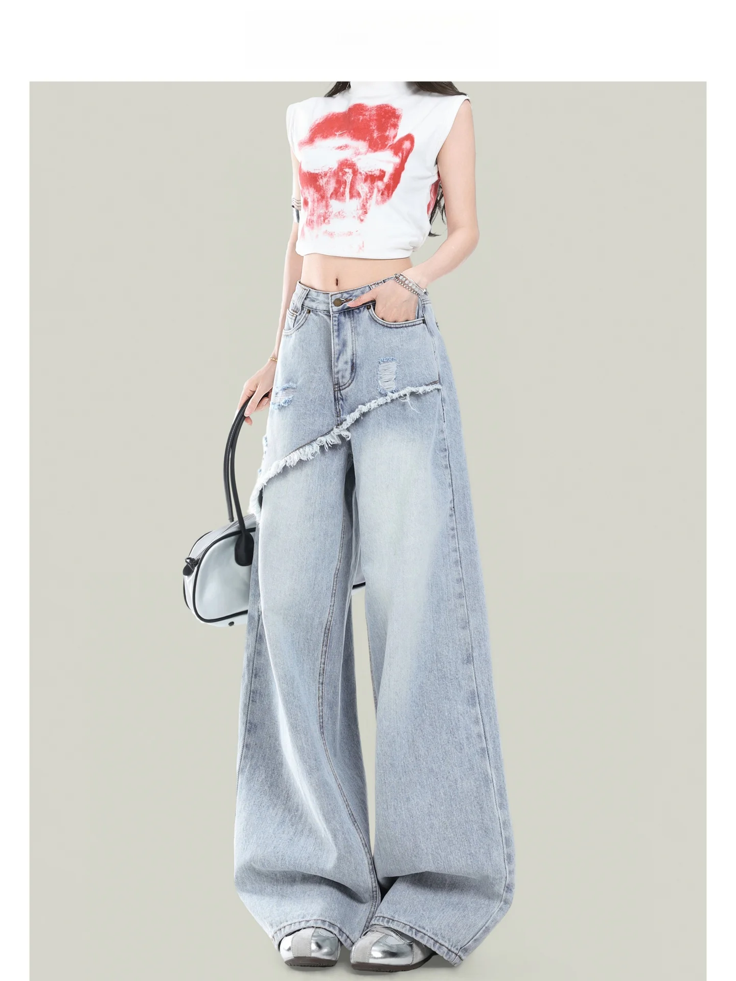 Calça Jeans Feminina Forever 21 Estilo Americano Cintura Alta Perna Larga com Design Exclusivo e Rasgos, Calça Reta Longa Azu...