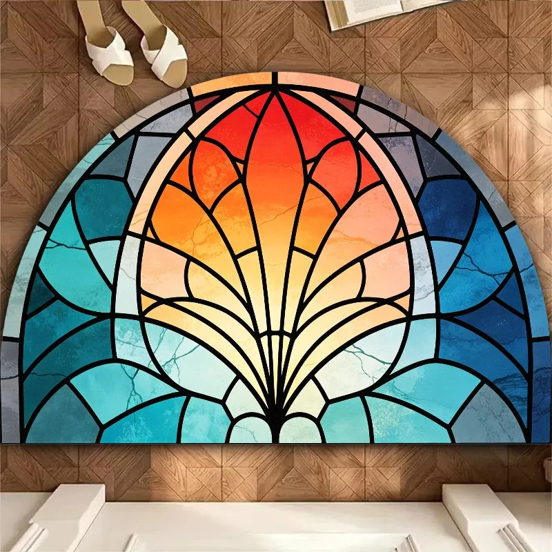 VIKAMA Semi Circular Gradient Art Painted Glass Door Mat, Non-Slip Door Rug for Bathroom & Entryway, Colorful Home Decor