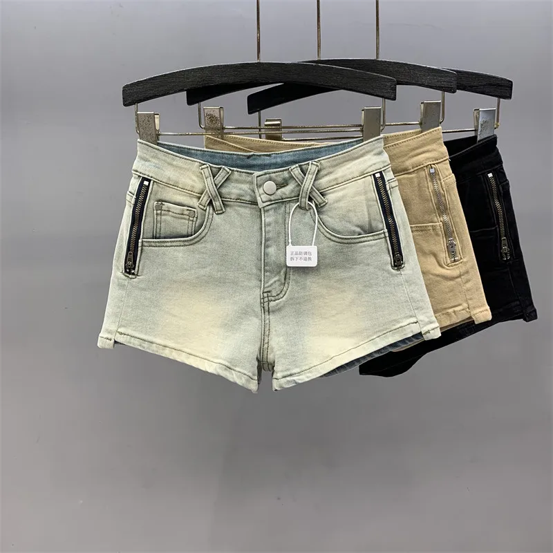 Light Blue Zipper Women's Denim Shorts 2026 Summer American Style High Street Pants Slim-looking Spicy Girls Vintage Hot Pants