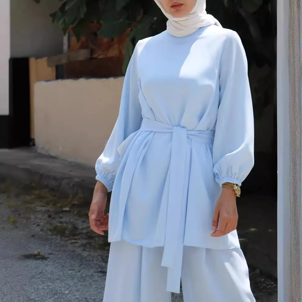 

2025 Eid Muslim Two Piece Set Islam Women Lace Up Shirt Wide Leg Pants Suits Ramadan Turkey Outfits Modest Morocco Ensembles